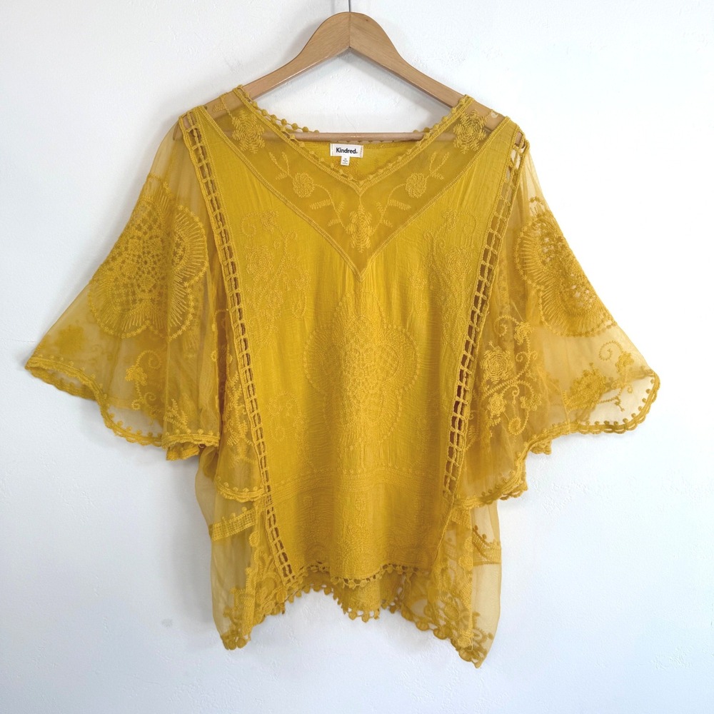 Kindred Embroidered Poncho Top Yellow Mesh Boho Festival Ethereal Fairy Plus‎ 3X